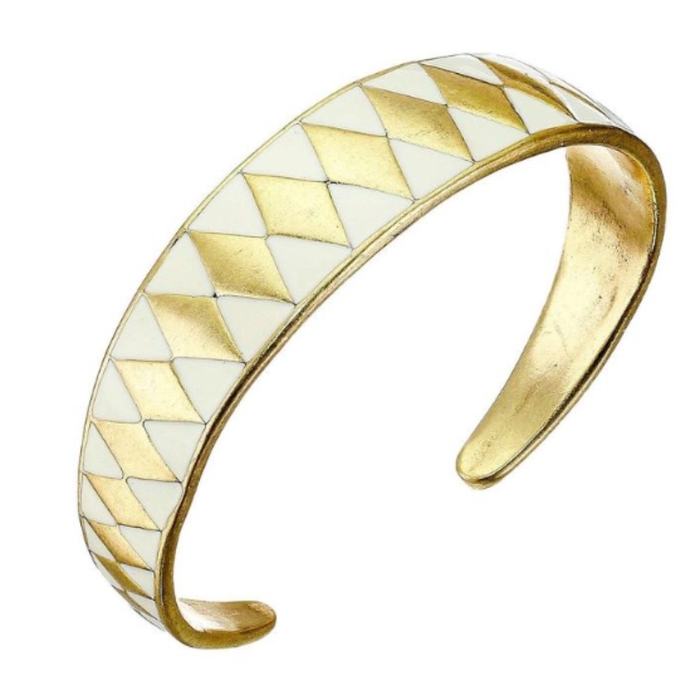 Lucky Brand Gold Tone White Enamel Pattern Cuff